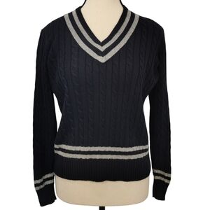 Lauren Ralph Lauren Cable Knit Cotton Viscose Cricket Sweater  Navy Silver -Sz S